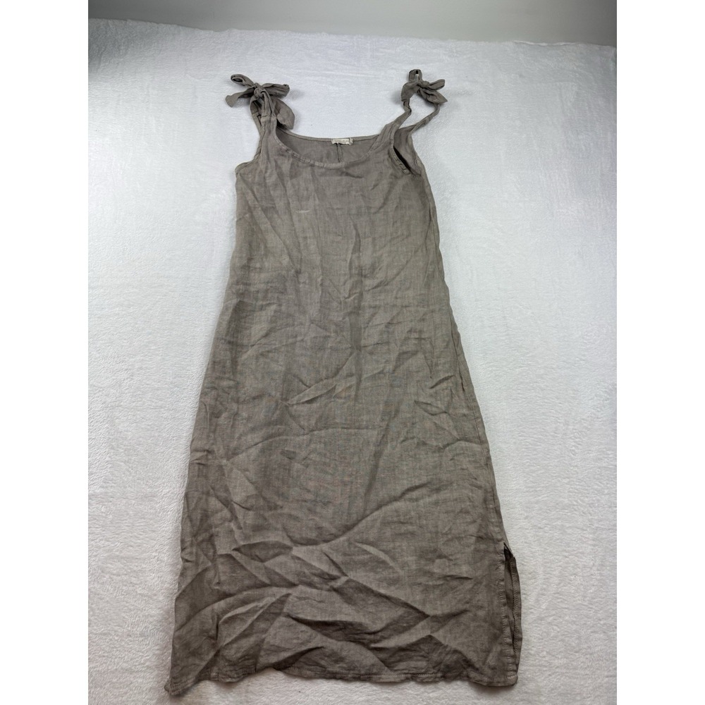 Anna Melani Linen Gray Tie Shoulder Midi Dress Lagenlook Minimalist Women's S/XS